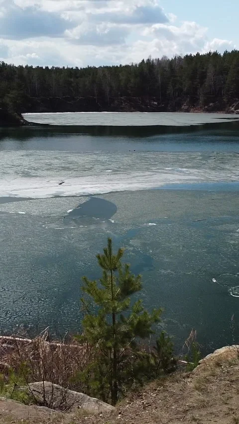 Frozen lake reflects distant forest trees Stockbeeldmateriaal 347499416