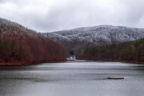 A frozen lake, surrounded by two forests of different colors, in a city in .. Stock Photos