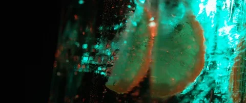 A frozen lemon slice rotates in an ice cube in darkness Stock Footage 106006256