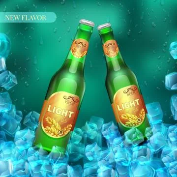 Frozen light beer bottles with ice cubes. Product vector retail background Illustrazione stock