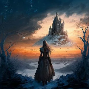 A frozen magic land with a castle far on the horizon - variant 1 Stock Illustration