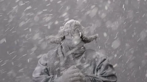 Frozen man in parka, trapper’s hat and scarf in a blizzard Stock Footage 221853253
