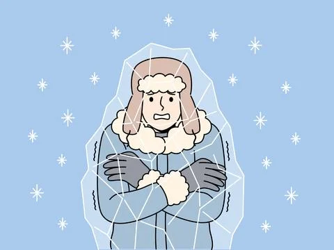 Frozen man stands inside block of ice and chatters teeth, suffering due to 库存插图
