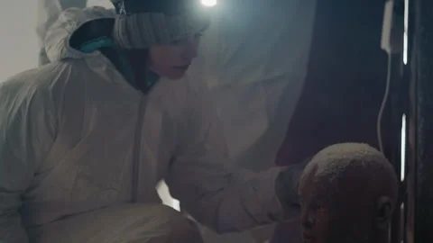 Frozen mannequin head examined gently. Careful inspection of mannequin in Stock Footage 346474253