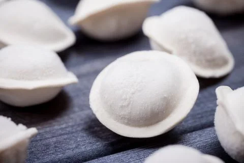 Frozen meat dumplings close up selective focus background Stock Photos