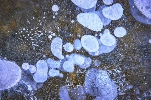 Frozen Methane Bubbles Under Ice Abstract Winter Lake Texture Stock Photos