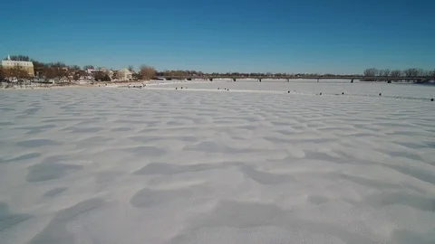 Frozen Mille Îles River, white winter landscape on bright sunny day Stock Footage 86700529