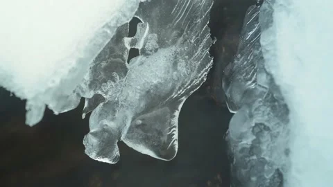 Frozen mountain stream, time lapse. Snow, ice and river water close-up. Stock Footage 170511869