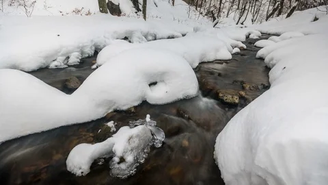 Frozen mountain stream in winter in the Carpathian Mountains. Stock Footage 79200727