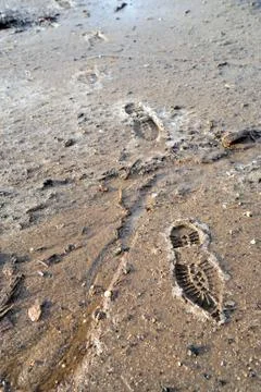 Frozen mud and boot prints Stockfoto's