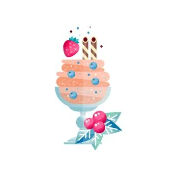 Frozen multi-layered dessert with candy canes, sweet strawberry and blueberry イラスト素材