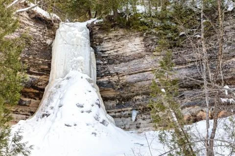 Frozen Munising Falls in Winter, Upper Peninsula of Michigan, USA Stock Photos