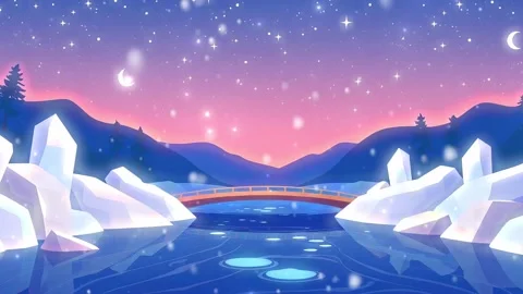 Frozen Peaks Reflections: Bridge over a Calm Lake With Snowfall Stock Footage 317966879