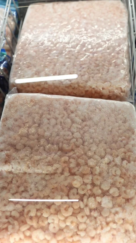Frozen peeled shrimp packed in large clear bags at a seafood freezer Stock Footage 345978527