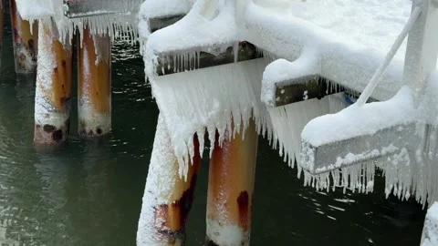 Frozen pier with icicles Видео 331829948
