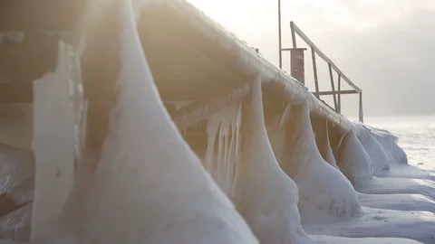 Frozen pier on the lake Stock Footage 87771252