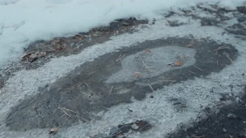 Frozen Puddle with Reflection on the Surface, Beautiful Texture of Blue Color Stock Footage 145420907