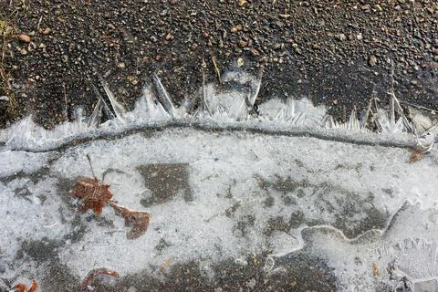 Frozen Puddle Texture on Asphalt in Winter, Showcasing Ice Formations and L.. Stock Photos