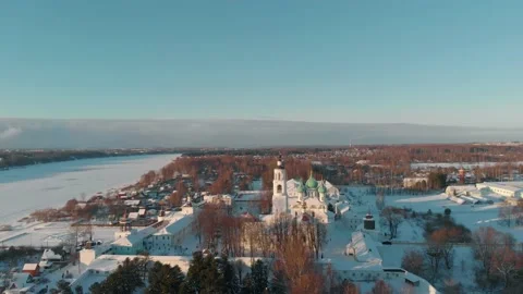 Frozen river and monastery in winter, drone Stock Footage 225159116