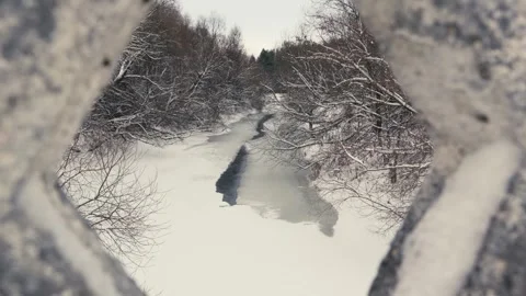 Frozen River and Snow-Covered Forest Under Cloudy Winter Sky Stock Footage 317608541