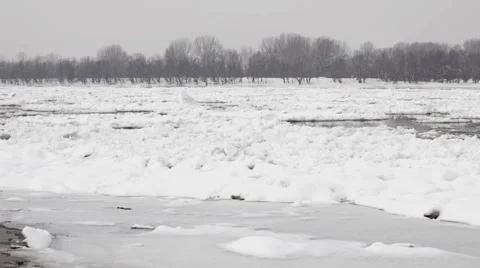 Frozen river Danube at winter - ice floating over river surface Stock Footage 42311148