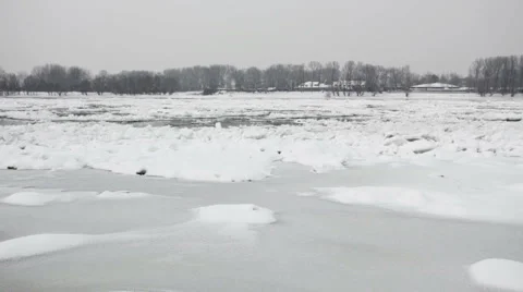 Frozen river Danube at winter - ice floating over river surface Stock Footage 42311288