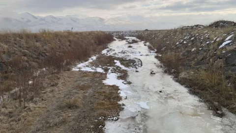 Frozen river drone shot Stock Footage 237160901