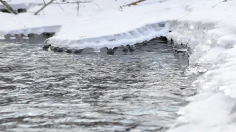 Frozen River Flow with Icicles Stock Footage 33547930