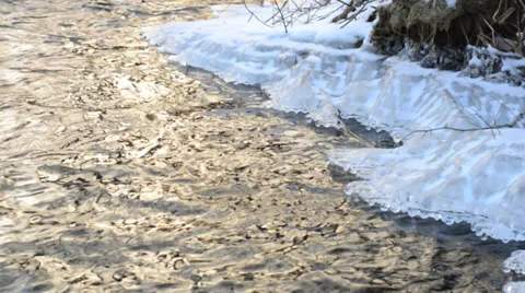 Frozen River Flow with Icicles Stock Footage 33547993
