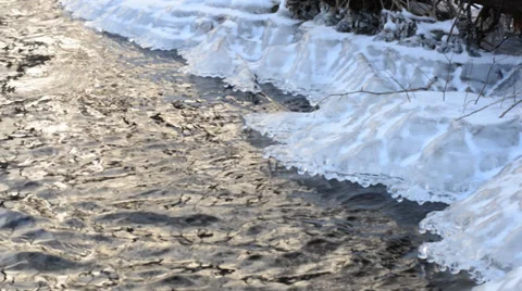 Frozen River Flow with Icicles Stock Footage 33548003