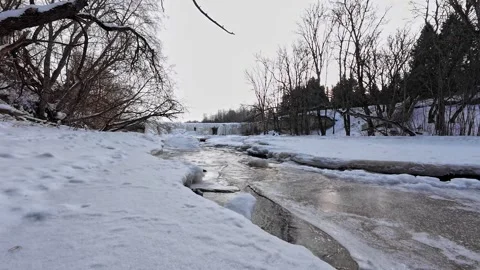 Frozen River Flowing Toward Jägala Waterfall In Winter Landscape Stock Footage 329582620