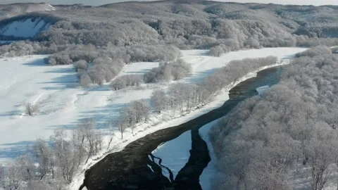 A frozen river flows between the trees covered with white snow. Stock-Footage 169562750