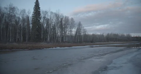 Frozen River in the Forest at Sunset Stock Footage 152954901