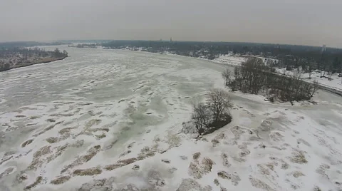 Frozen River high aerial view camera moving over ice Video stock 49747712