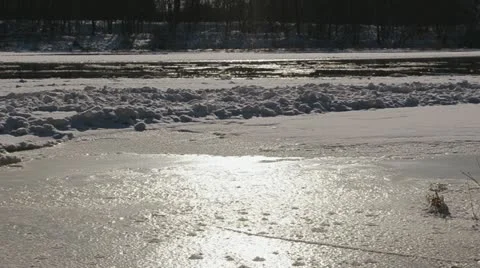 Frozen river neris in winter floe floating in water and sunlight Stock Footage 15818744