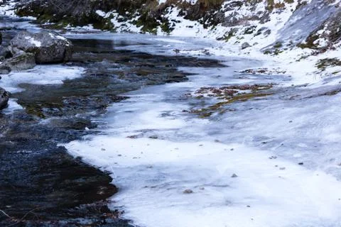 Frozen river in Ordesa Stock Photos