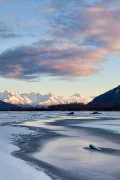 Frozen river at sunset Foto stock