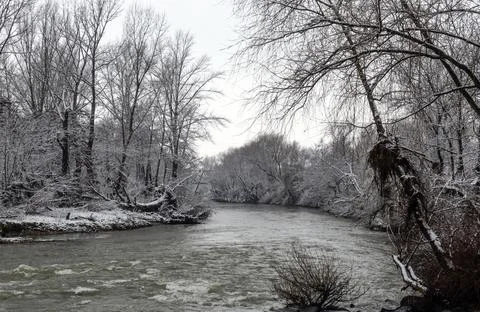 A frozen river surrounded by snow covered trees Foto stock