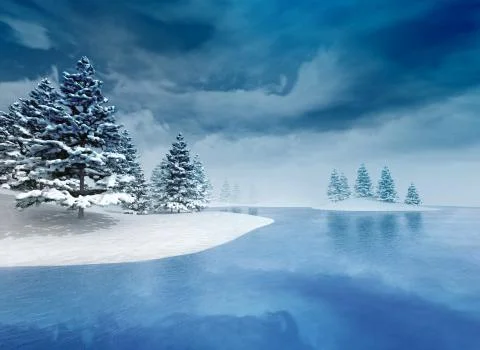 Frozen river with trees and cloudy sky Stock Illustration