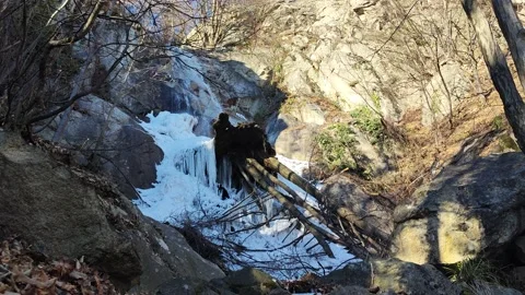 Frozen River Trees Waterfall Natural  Stock Footage 233162440