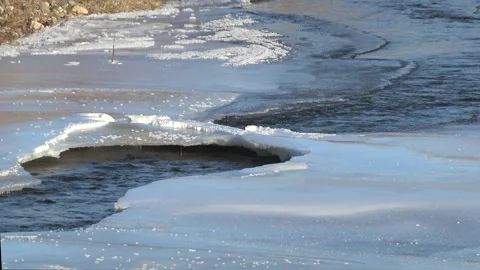 Frozen river waters with ice covered surface - Winter Detail and Water Droplets Stock Footage 339560297