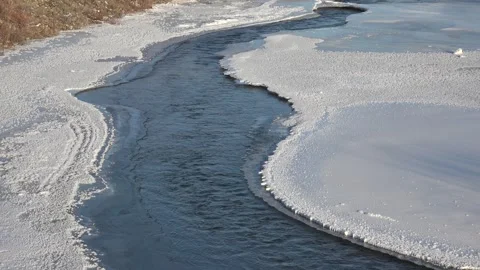 Frozen river waters with ice covered surface - Russia Dramatic and Winter River Stock Footage 339560385