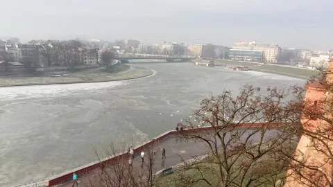 Frozen River by Wawel Castle Stock Footage 166644965
