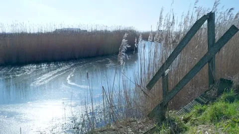 Frozen river winding through a rural landscape Vidéo 331188759