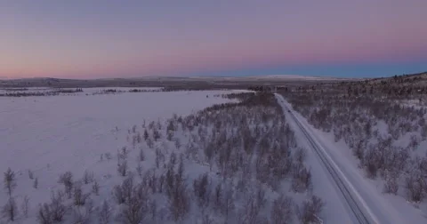 Frozen Road In The Arctic With A Few Small Trees and Purple Sky Stock Footage 61154815