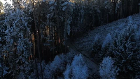 Frozen road in the winter forest during the sunrise. 4K aerial drone video. Stock Footage 297628595