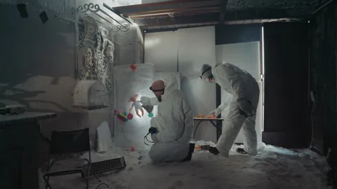 Frozen room examination. Research team collects evidence in icy chamber Stock Footage 346521633