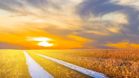 Frozen rural road to a sunset Stock Footage 340319693