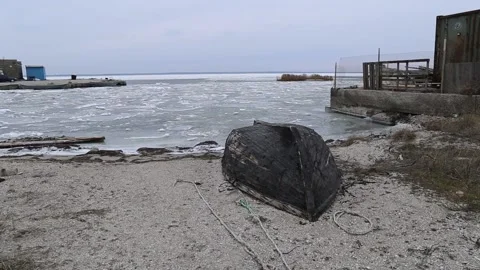 Frozen Sea of Azov. Winter. Bilosaray braid. Fishing boats. Stock Footage 169226653