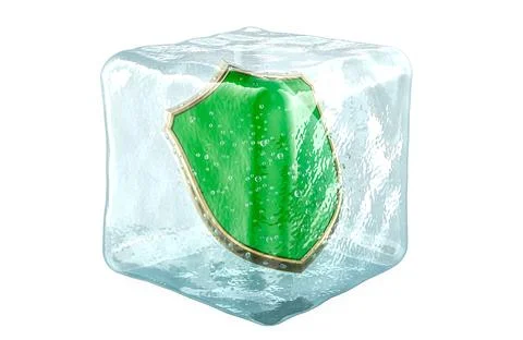 Frozen security concept, green shield in ice cube. 3D rendering Stock Illustration